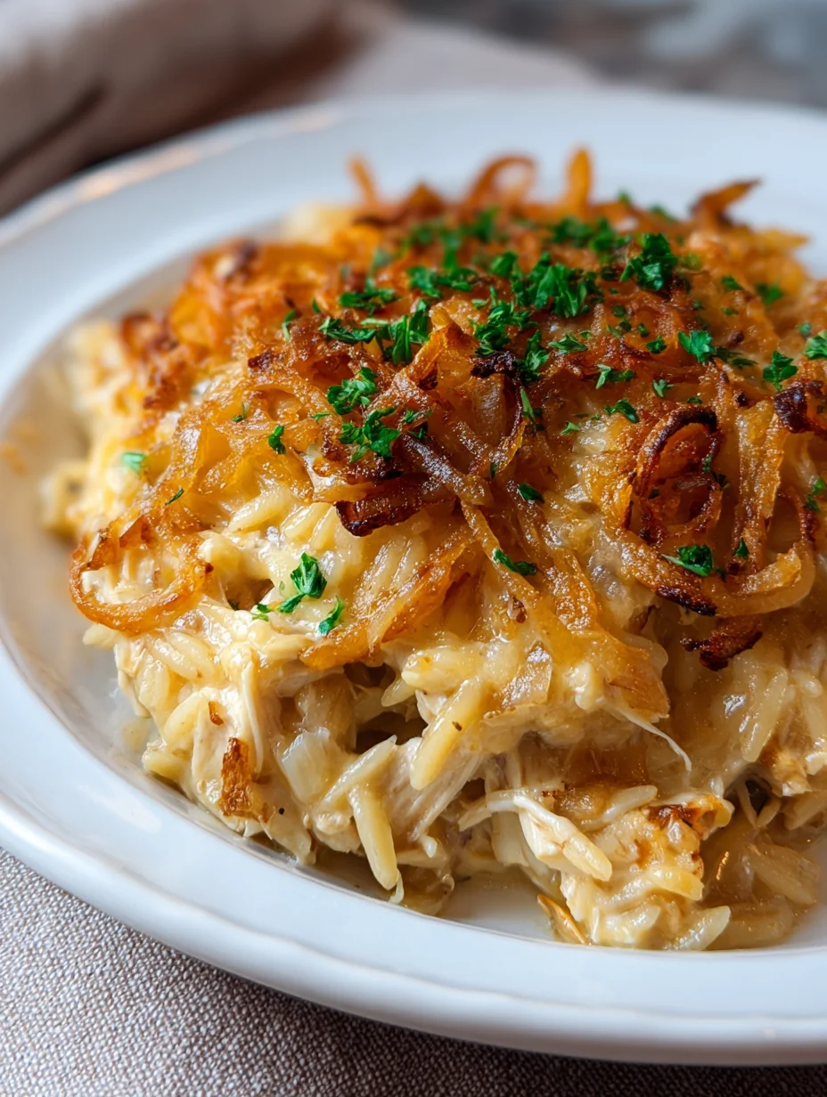 French Onion Chicken Orzo Casserole