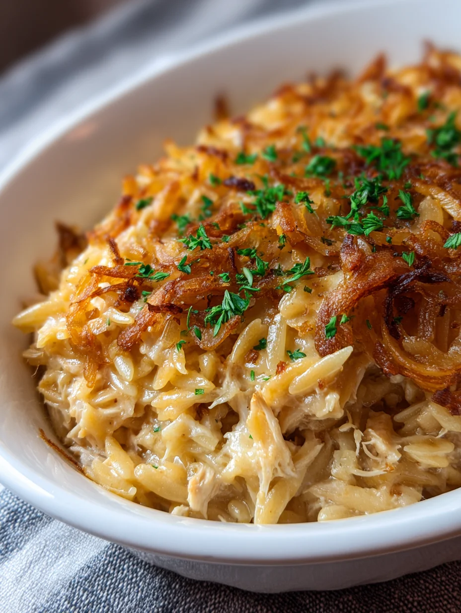 French Onion Chicken Orzo Casserole