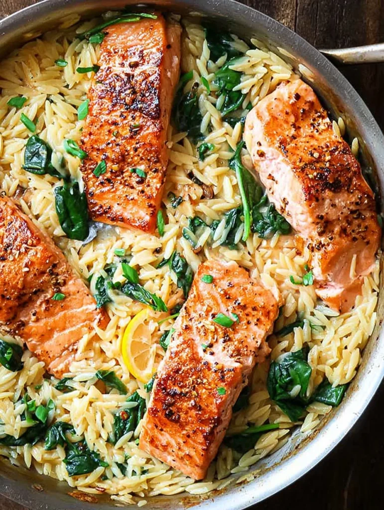 One Skillet Salmon with Lemon Orzo