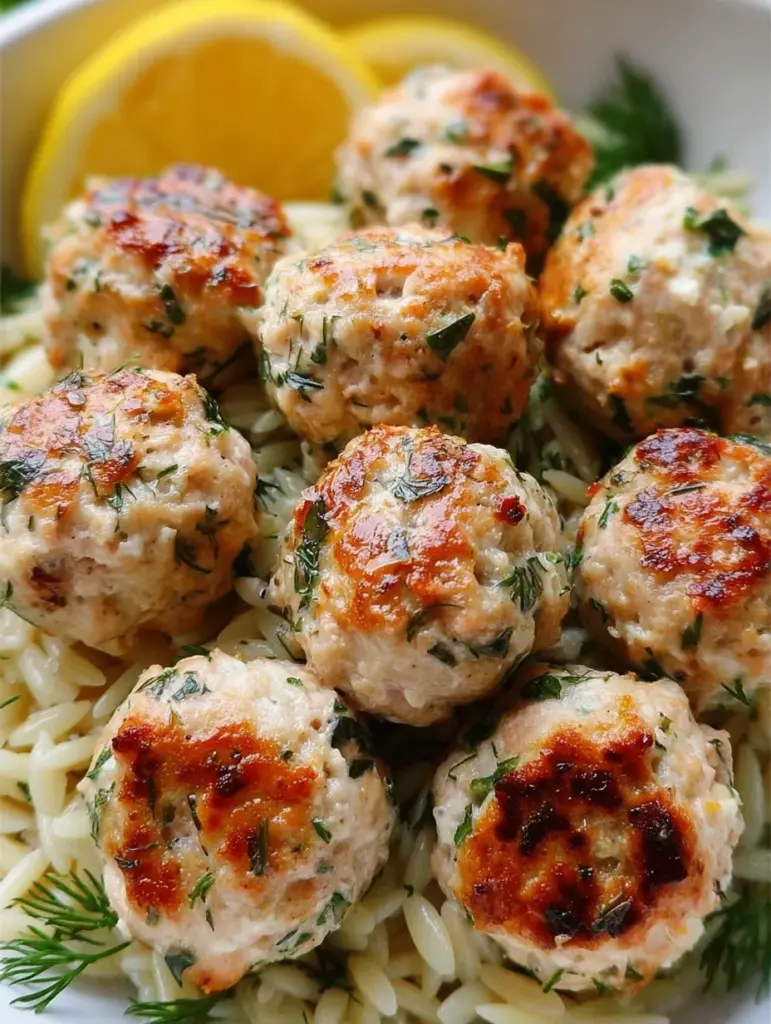 Greek Chicken Meatballs with Lemon Orzo